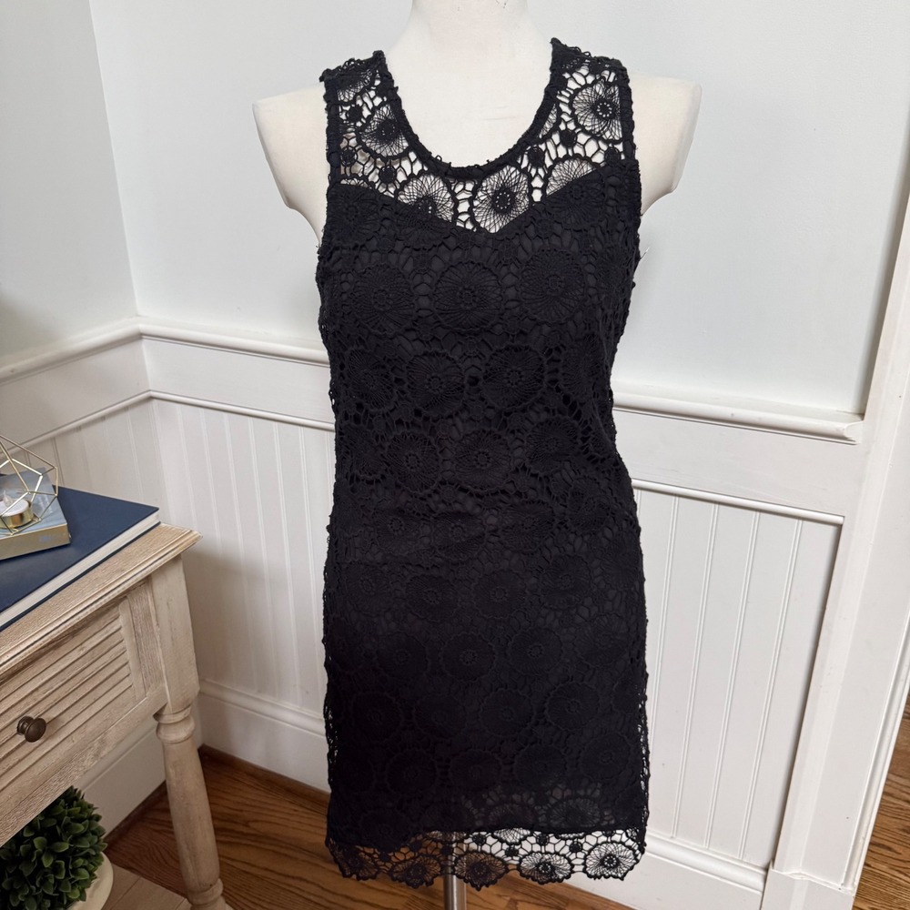 NWT Mud Pie Womens Black Floral Crochet Lace Sleeveless Mini Shift Dress XS
